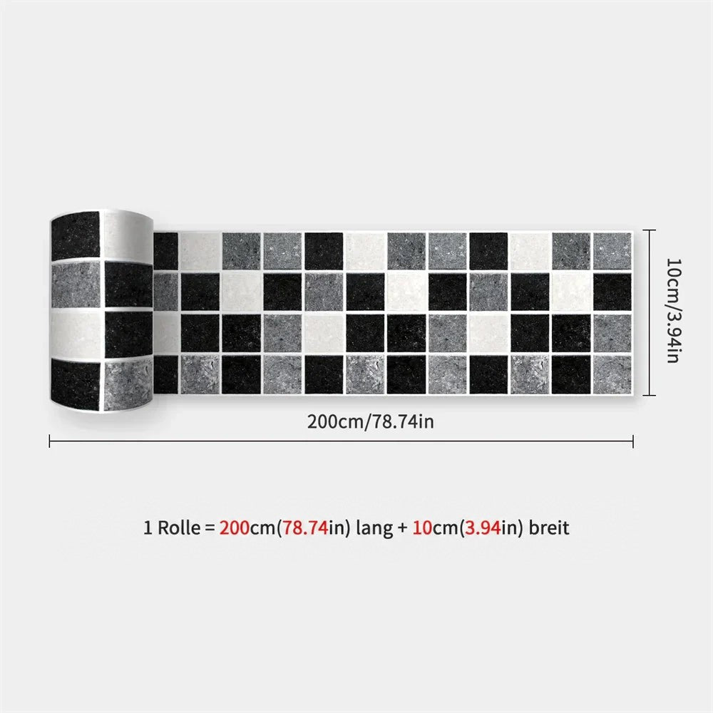 Aufgerollter Streifen mit Mosaik aus quadratischen Kacheln in Schwarz, Grau und Weiß, Maßangaben 200 x 10 cm 26
