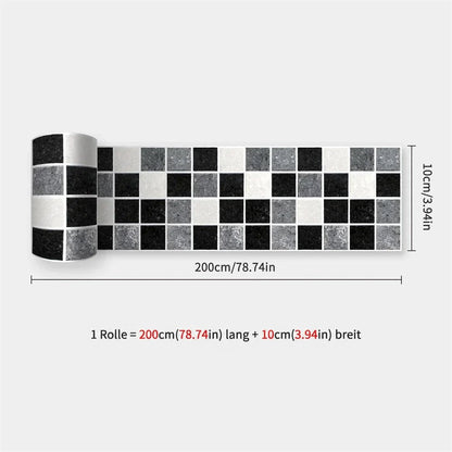 Aufgerollter Streifen mit Mosaik aus quadratischen Kacheln in Schwarz, Grau und Weiß, Maßangaben 200 x 10 cm 26