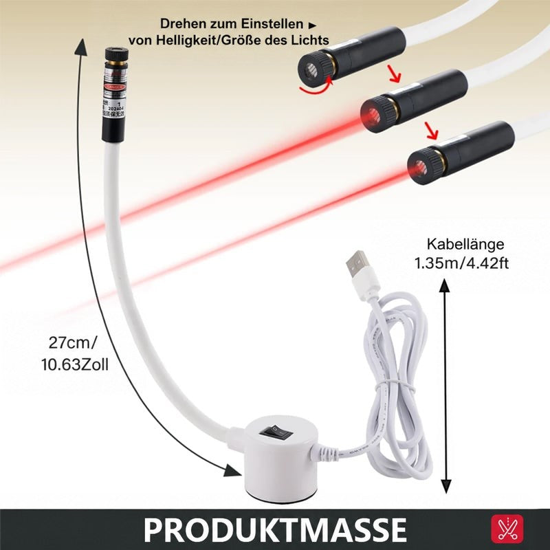 Maßdarstellung des Lasers mit Schlauchlänge und USB-Kabel sowie drei Bildern zum Drehen des Linsenkopfs 5