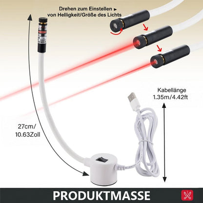 Maßdarstellung des Lasers mit Schlauchlänge und USB-Kabel sowie drei Bildern zum Drehen des Linsenkopfs 5