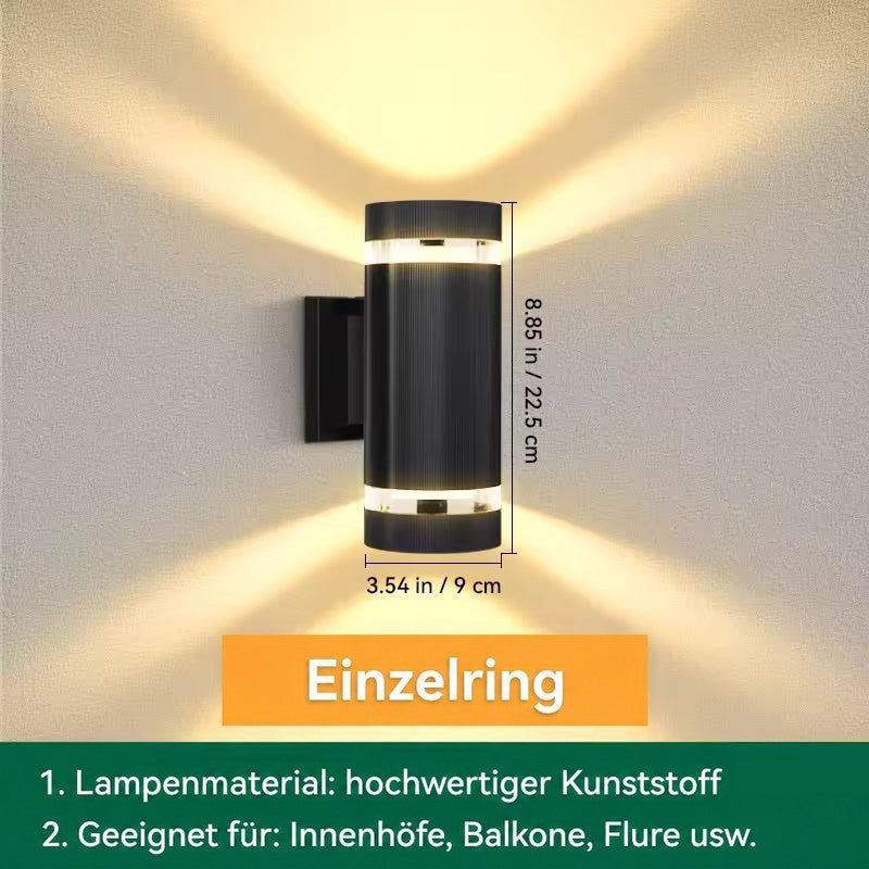 Runde Wandleuchte mit einem Ring oben und unten, Maßangaben für Höhe und Durchmesser eingeblendet 13