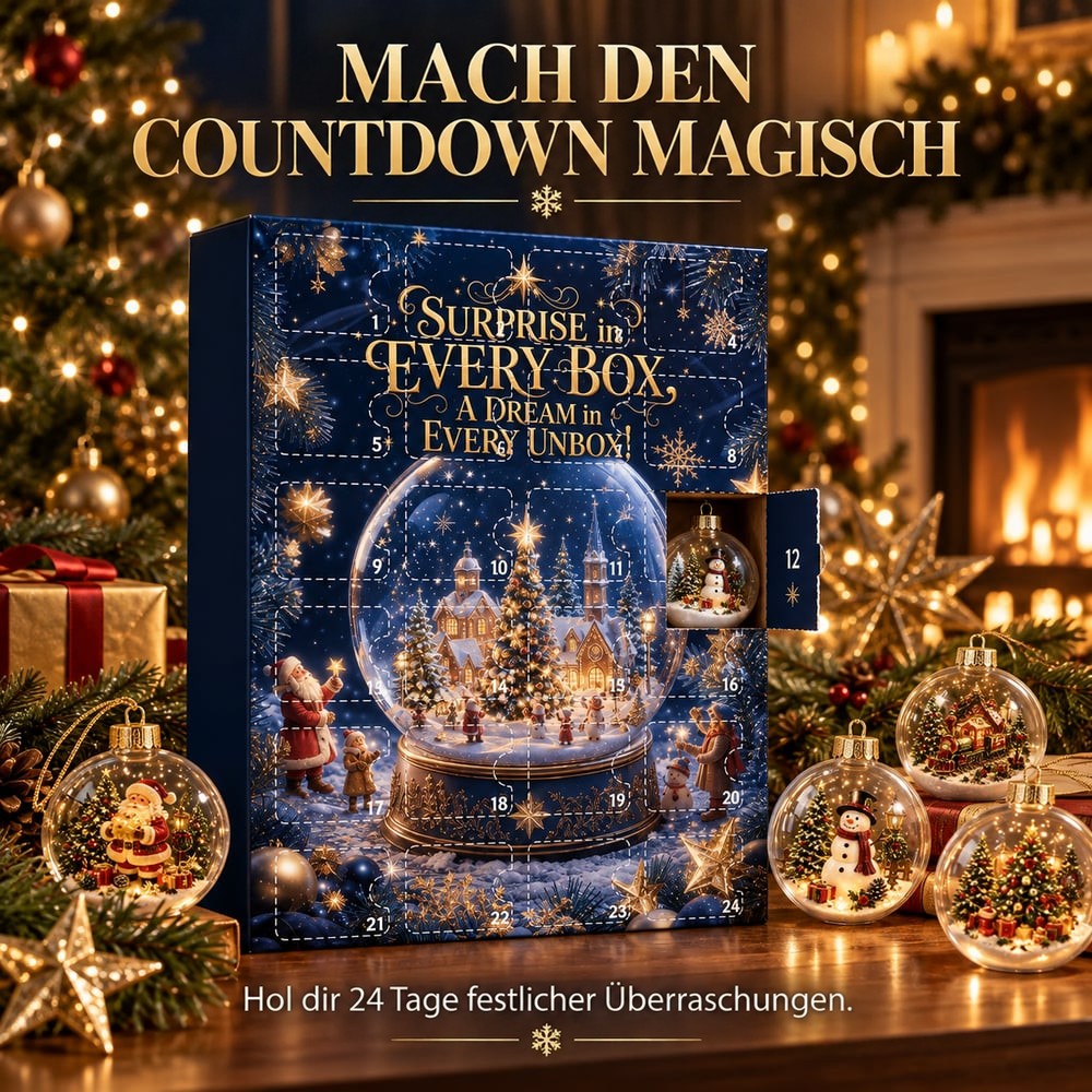 Adventskalender mit geöffnetem Türchen 12 und Schneemann-Kugel, daneben mehrere Christbaumkugeln vor Kamin und Tannenbaum 3