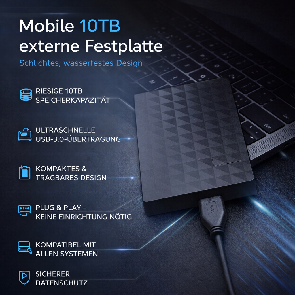 Infografik mit Festplatte am Laptop und Symbolen zu Kapazität, USB-3.0-Tempo, Plug-and-Play und Datenschutz 5