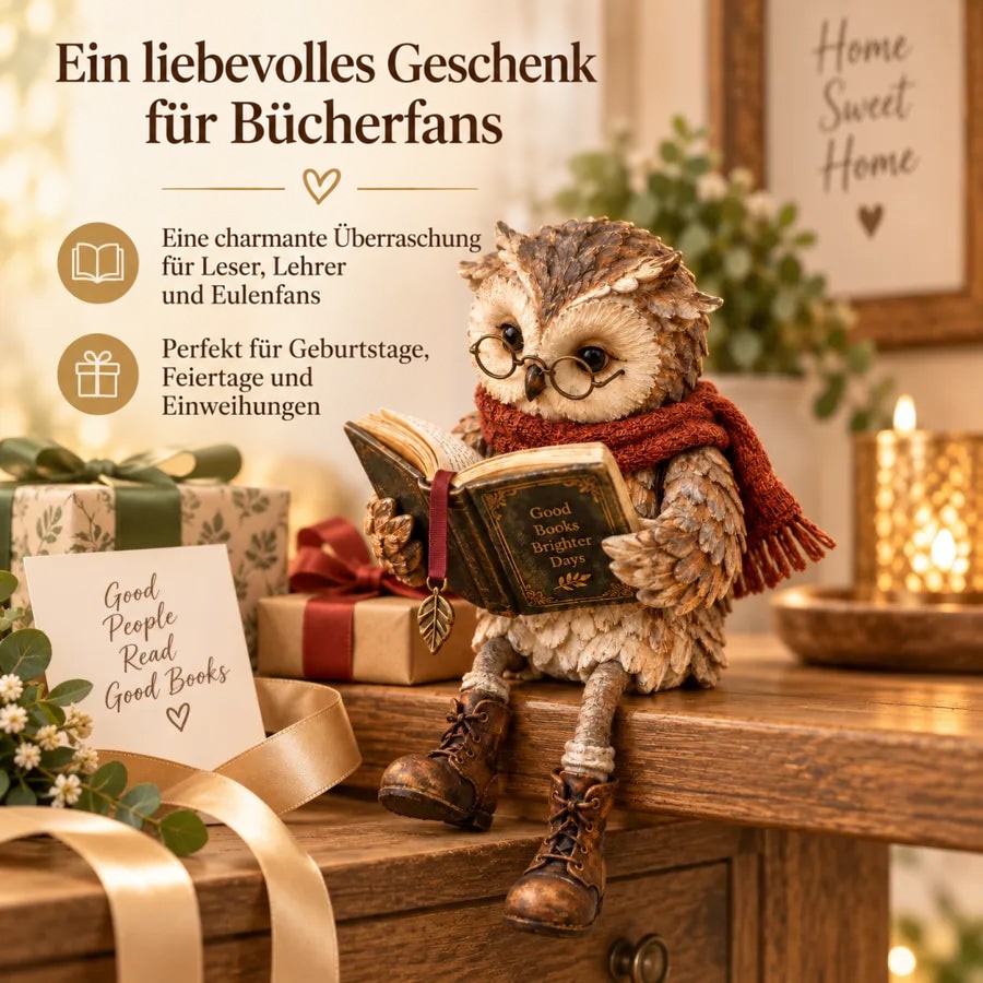 Eulenfigur als Geschenkidee auf einer Holzkommode, umgeben von verpackten Geschenken, Schleifenband, Grußkarte und Kerze. 7