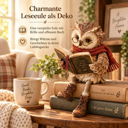 Eulenfigur sitzt auf einem Bücherstapel neben Tasse, Strickdecke und Kissen, mit Infotext zum verspielten Eulendesign. 3