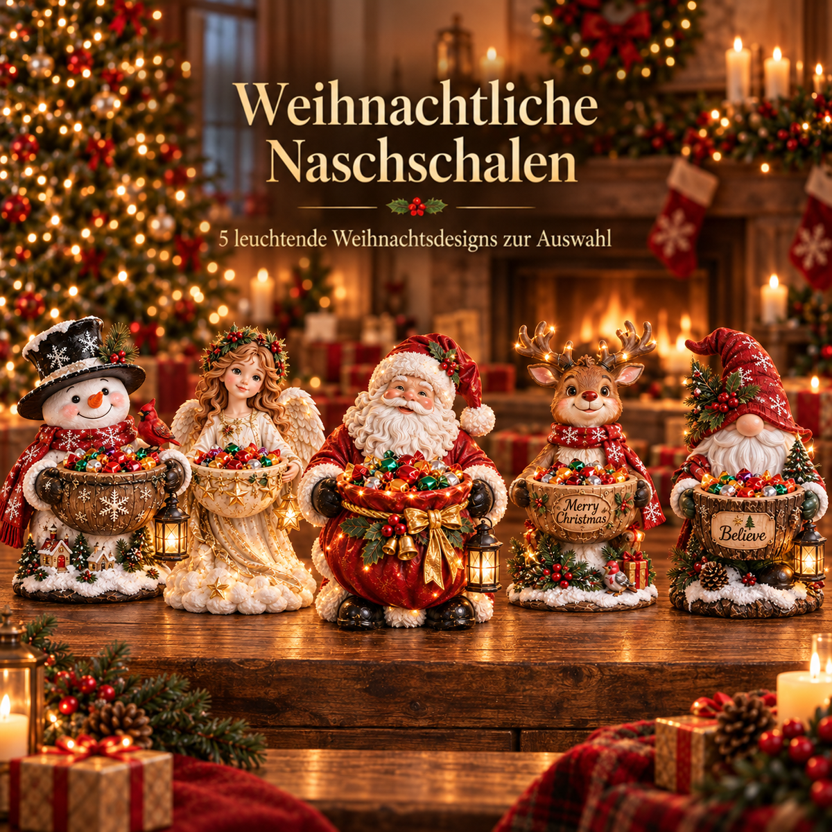 Alle fünf Figuren Schneemann, Engel, Weihnachtsmann, Rentier und Wichtel nebeneinander auf einem Holztisch 6