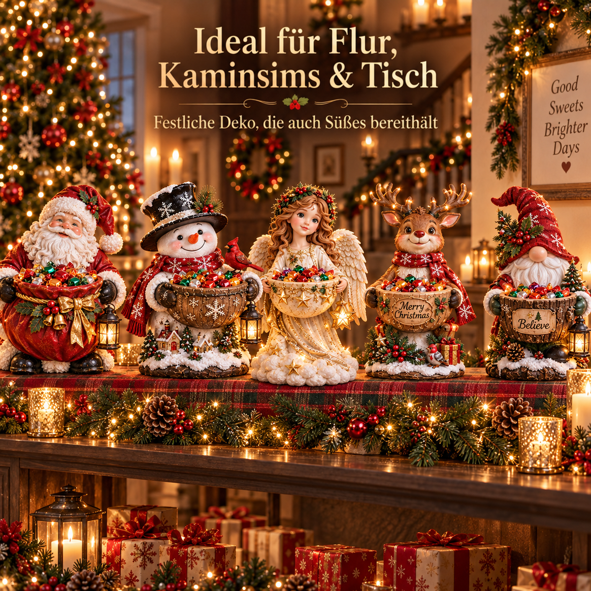 Die fünf Figuren stehen dekoriert auf einem Kaminsims mit Tannengirlande, Kerzen und Geschenken 7