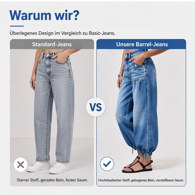 Vergleichsbild: links gerade geschnittene hellgraue Standardjeans, rechts blaue Barrel-Jeans mit gebogenem Bein und verstellbarem Saum. 5
