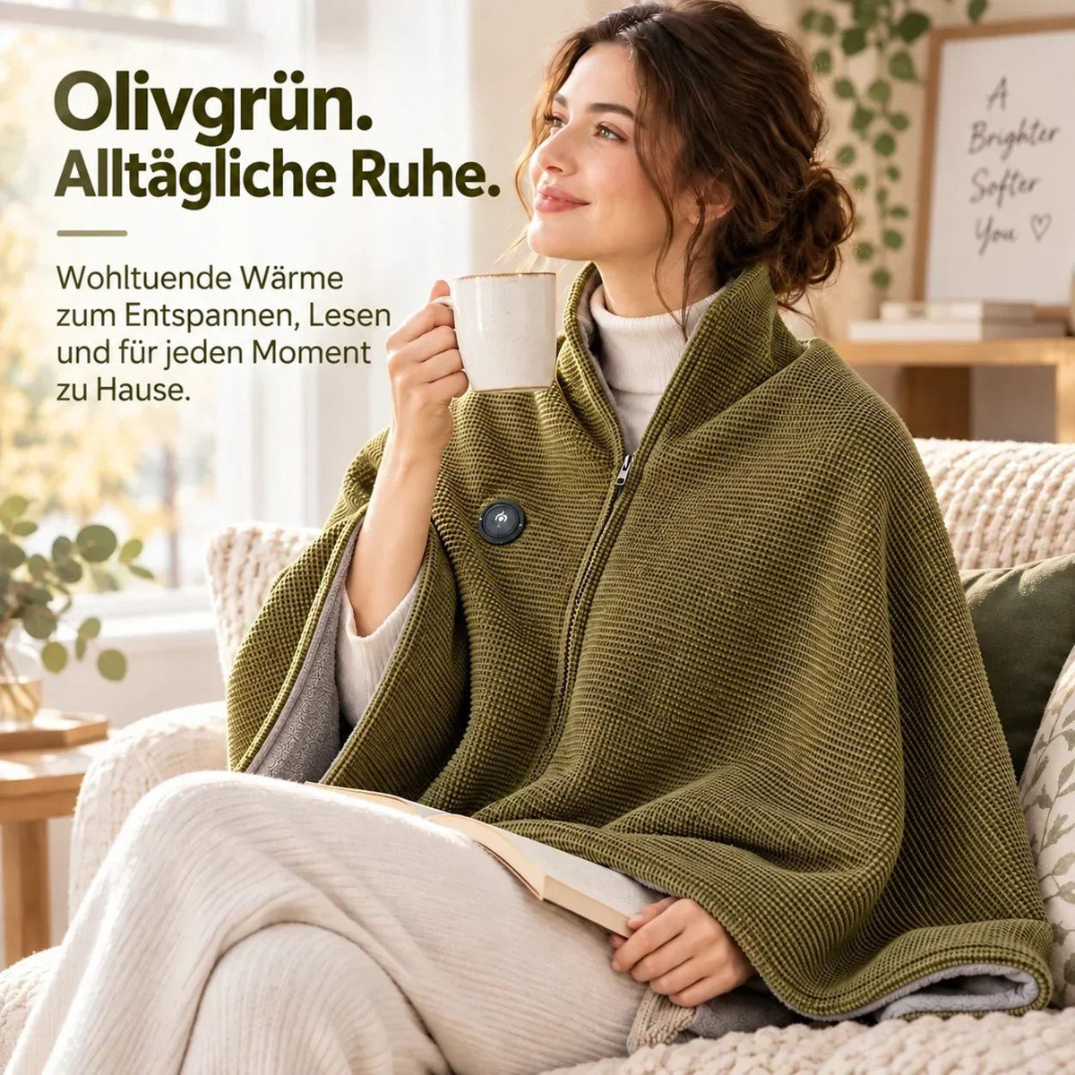 Frau mit Tasse und Buch auf dem Sofa, eingehüllt in die olivgrüne Heizdecke mit grauem Fleecefutter 8