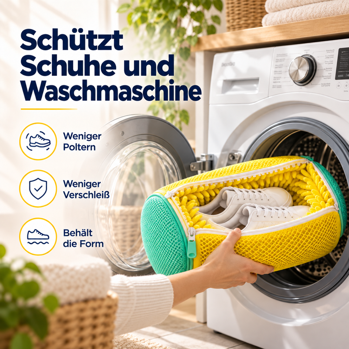 Hand schiebt den gefüllten gelben Schuhwaschbeutel in die geöffnete Waschmaschinentrommel 3