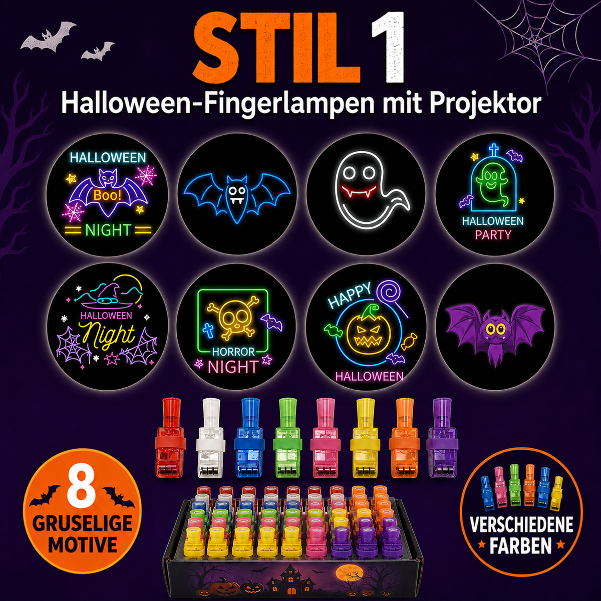 Übersicht des ersten Motivsets mit acht Neon-Halloween-Motiven, darunter bunte Fingerlichter und ein Karton voller Lichter 2