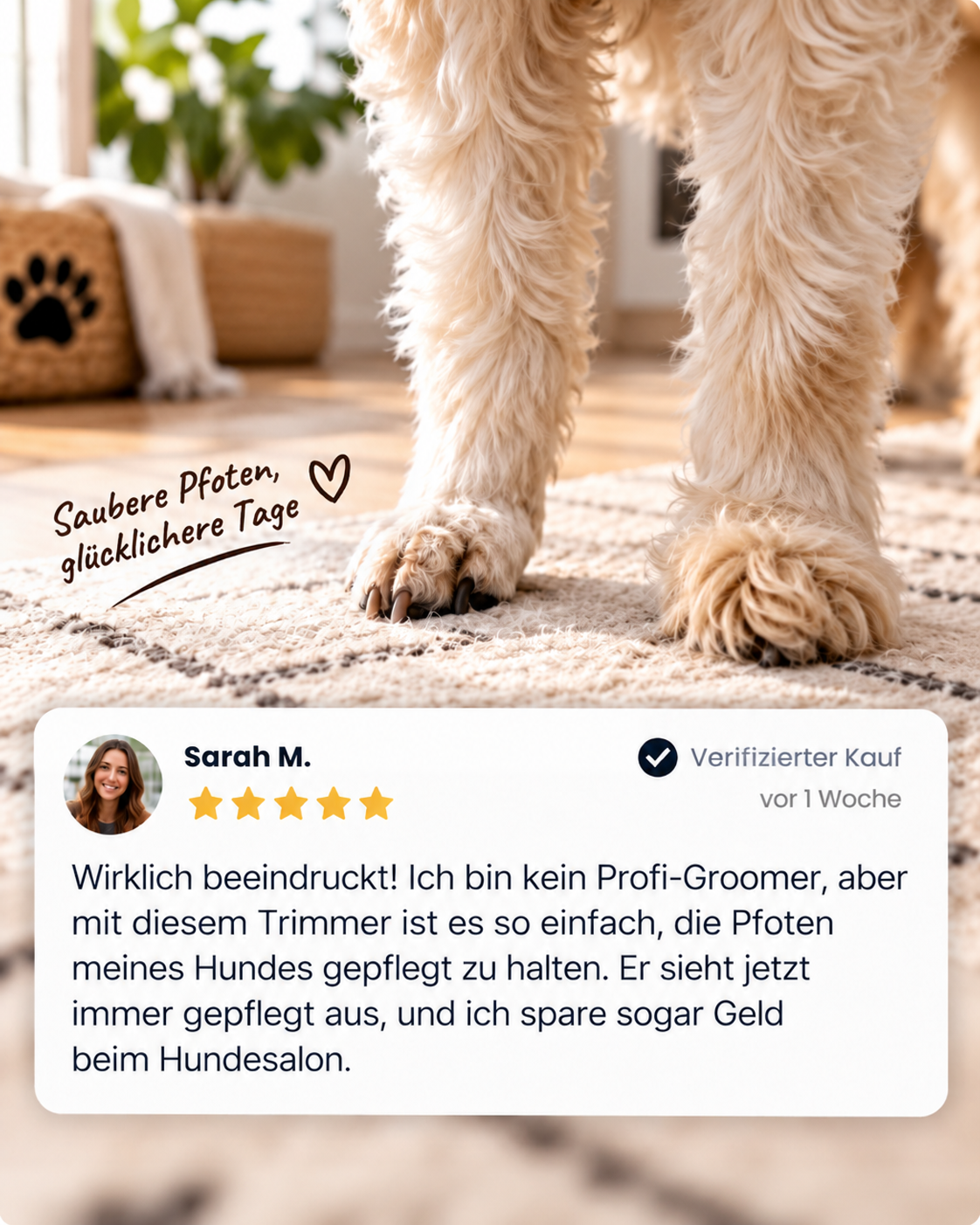 Hellbeige Hundebeine mit gepflegten Pfoten auf einem Teppich, darunter eine Kundenbewertung mit fünf Sternen 9