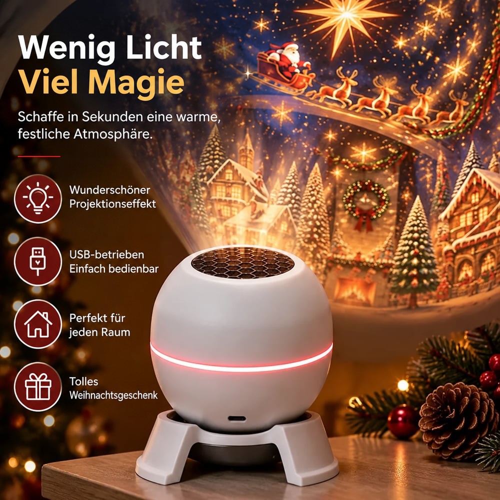 Nahaufnahme des weißen Projektors mit rotem Lichtring, daneben Symbole zu Projektion, USB-Betrieb und Geschenkidee 4
