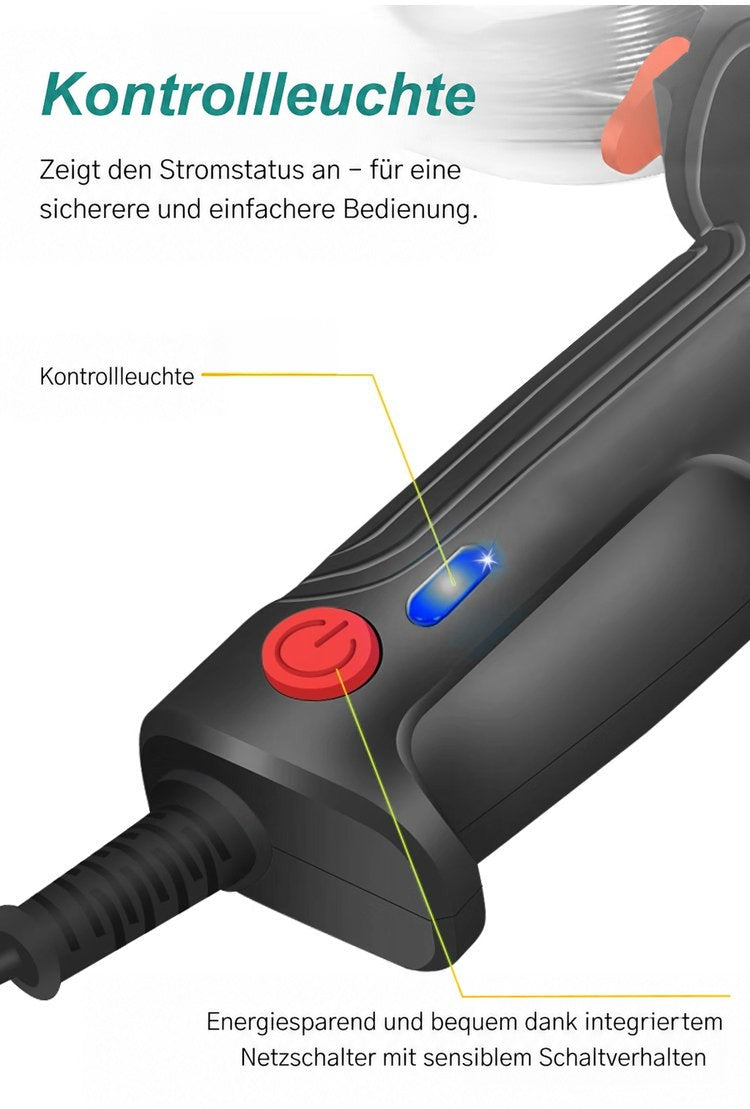 Nahaufnahme des Griffs mit blauer Kontrollleuchte und rundem roten Ein-Aus-Schalter 5