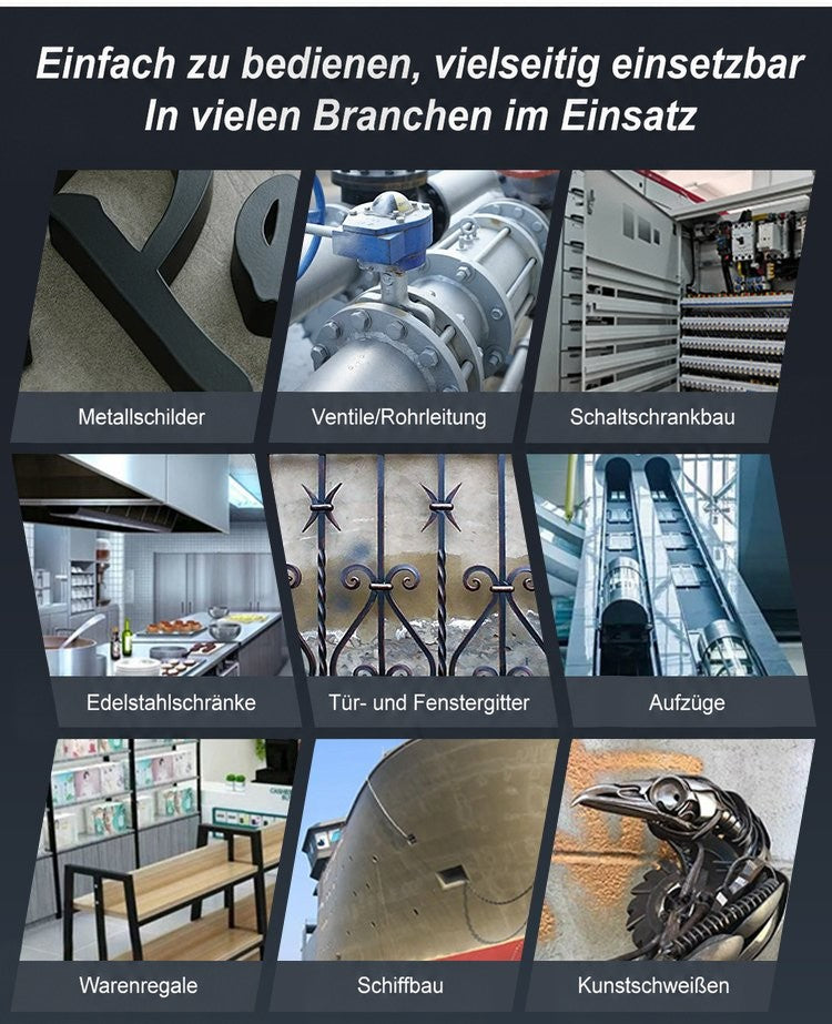 Collage aus neun Einsatzbereichen, etwa Rohrleitungen, Schaltschränke, Geländer, Aufzüge, Regale, Schiffbau und Metallkunst 4