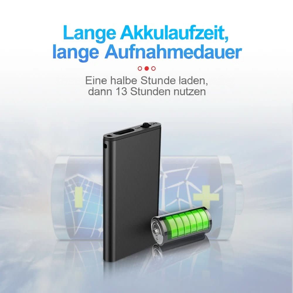 Schwarzes Diktiergerät neben einer grün gefüllten Batterie vor Batteriegrafik, zur Darstellung der langen Akkulaufzeit 6
