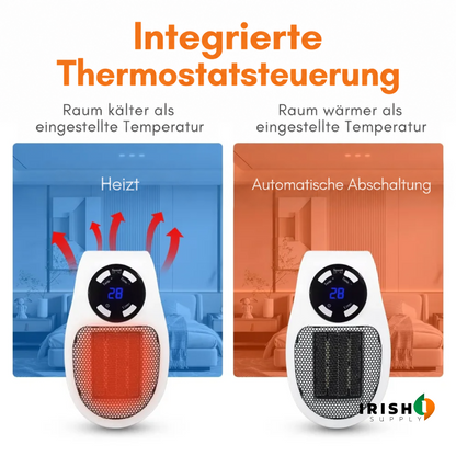 Zwei Heizer im Vergleich: links glühend beim Heizen, rechts dunkel nach automatischem Abschalten, vor Schlafzimmerkulisse 5
