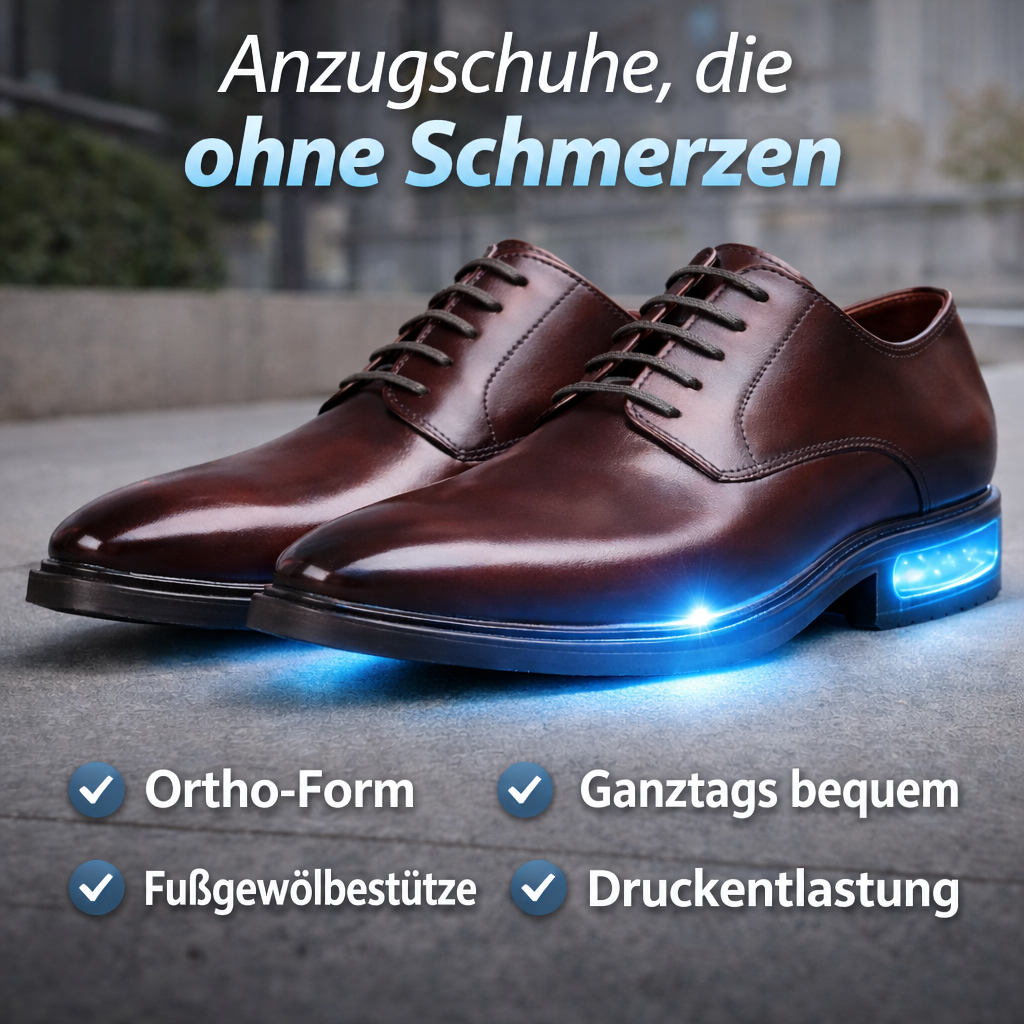 Paar braune Lederschnürschuhe auf Asphalt, mit blau leuchtender Dämpfung in der Sohle, Werbegrafik mit Komfortvorteilen 7