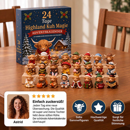 Dunkelblaue Adventskalender-Schachtel hinter drei Reihen kostümierter Hochlandkuh-Figuren auf Holzstufen, mit Kundenbewertung 1