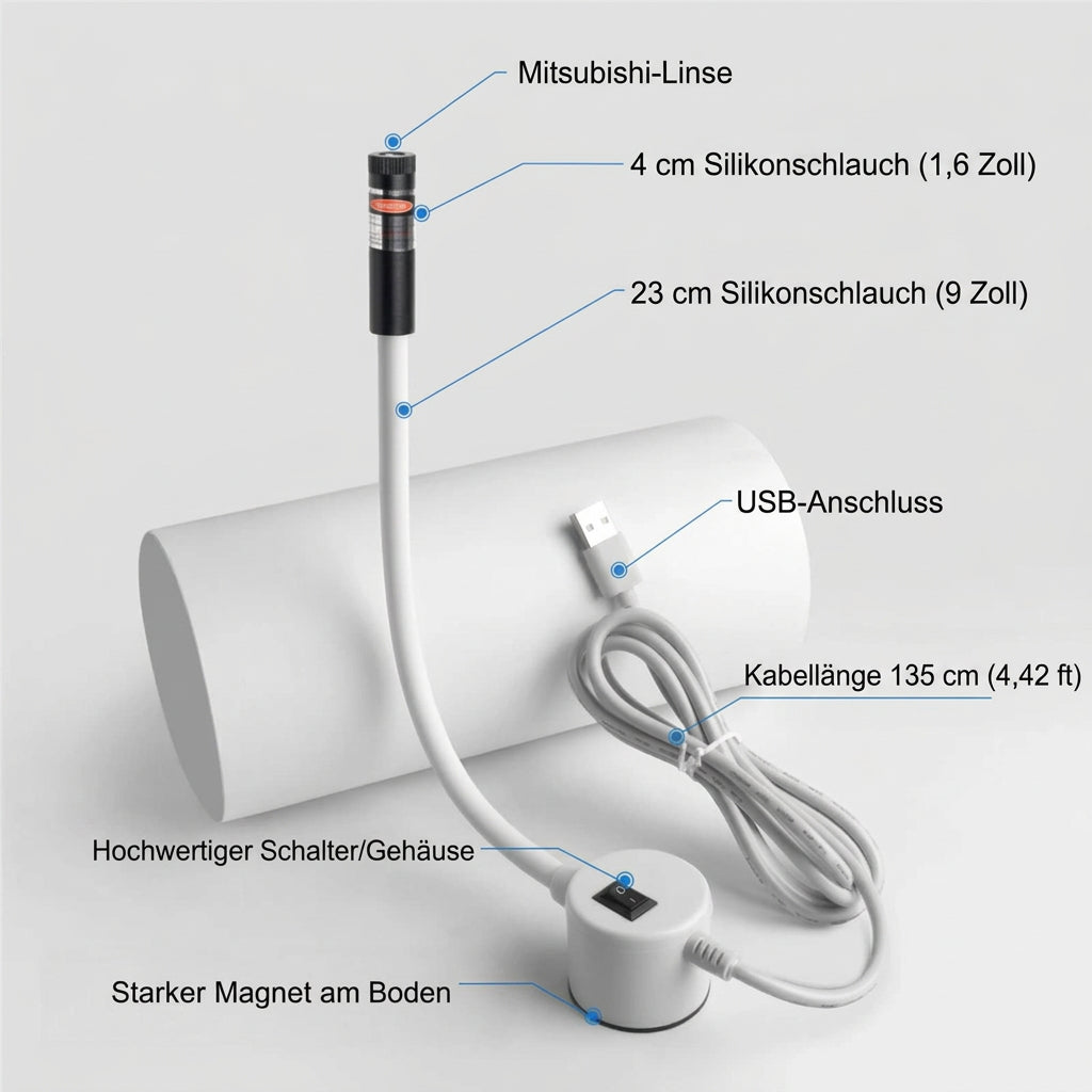 Produktfreisteller mit beschrifteten Bauteilen: Laserkopf, Silikonschlauch, USB-Kabel, Schalter und Magnetfuß des weißen 4