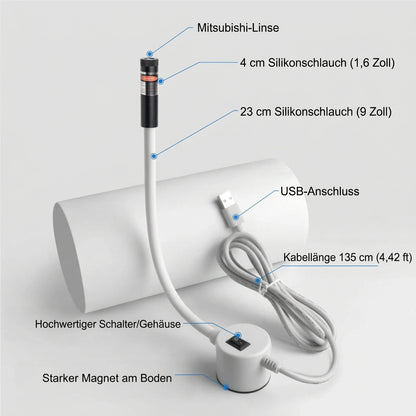 Produktfreisteller mit beschrifteten Bauteilen: Laserkopf, Silikonschlauch, USB-Kabel, Schalter und Magnetfuß des weißen 4