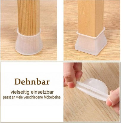 Collage zeigt Kappen an einem runden und einem eckigen Holzbein sowie eine Hand, die eine Kappe dehnt, mit englischem Hinweistext. 4