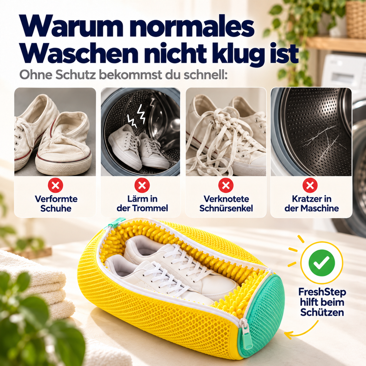 Gegenüberstellung typischer Waschprobleme wie verformte Schuhe und zerkratzte Trommel, darunter der Beutel mit Sneakern 2
