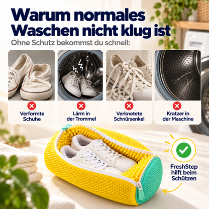 Gegenüberstellung typischer Waschprobleme wie verformte Schuhe und zerkratzte Trommel, darunter der Beutel mit Sneakern 2