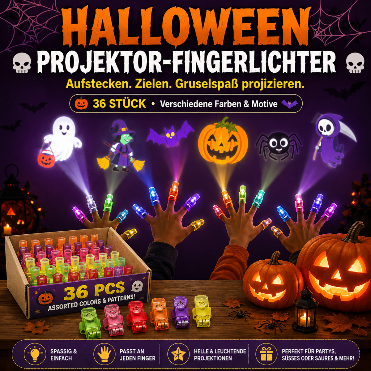 Hände mit leuchtenden Fingerprojektoren werfen Geister, Hexe und Kürbis an die Wand; davor Karton und sechs Lichter 1