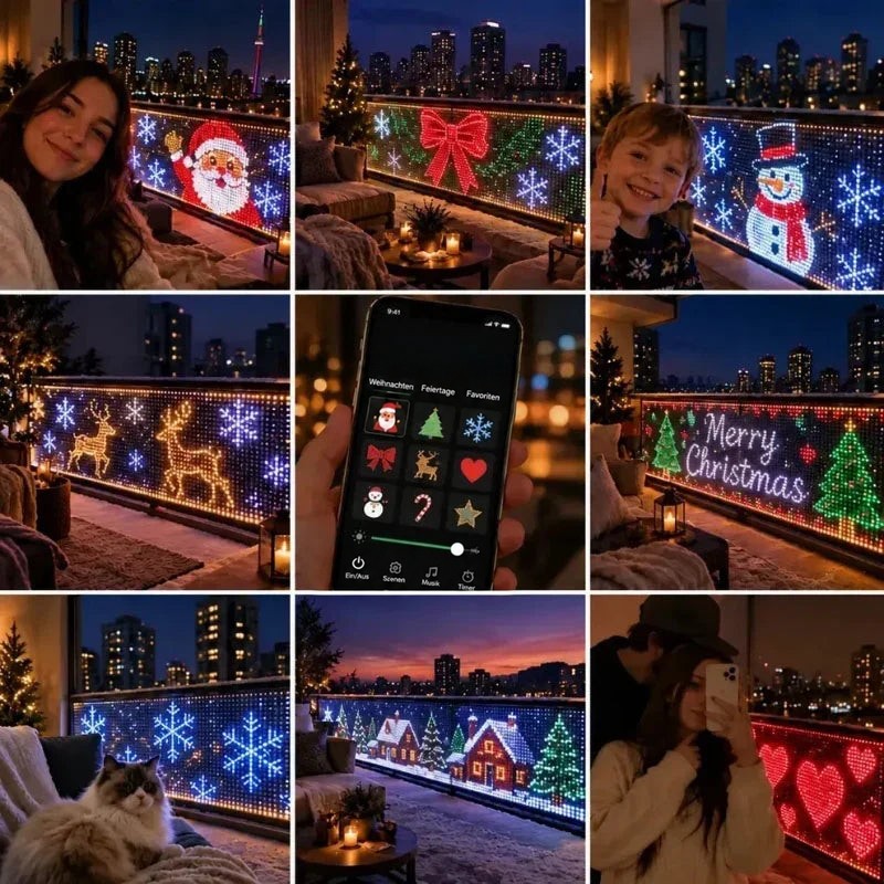 Collage aus neun Abendszenen mit Lichtvorhang am Balkon: Weihnachtsmotive, Herzen, App-Ansicht, Personen und eine Katze 6