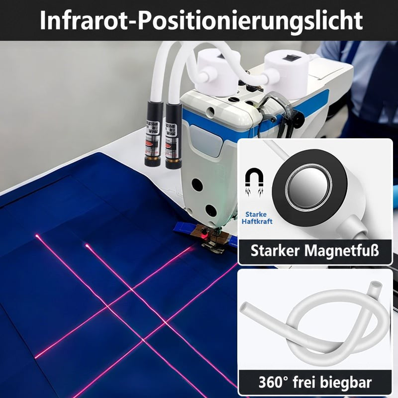 Zwei Laser mit Magnetfuß an einer Industrienähmaschine zeigen rote Kreuzlinien auf dunkelblauem Stoff, daneben Detailfelder 2