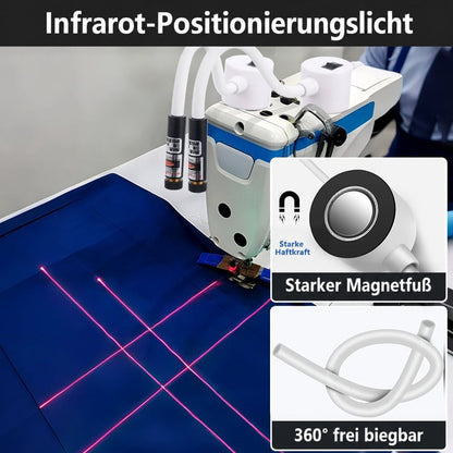 Zwei Laser mit Magnetfuß an einer Industrienähmaschine zeigen rote Kreuzlinien auf dunkelblauem Stoff, daneben Detailfelder 2