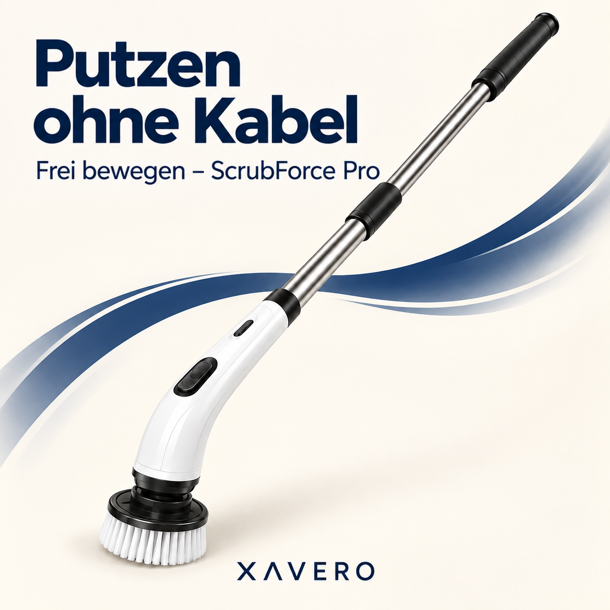 Der Scheuerreiniger mit Stange und Bürste vor hellem Hintergrund mit blauer Schwungform 9