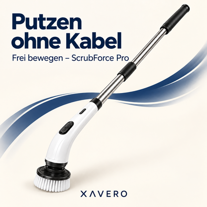 Der Scheuerreiniger mit Stange und Bürste vor hellem Hintergrund mit blauer Schwungform 9