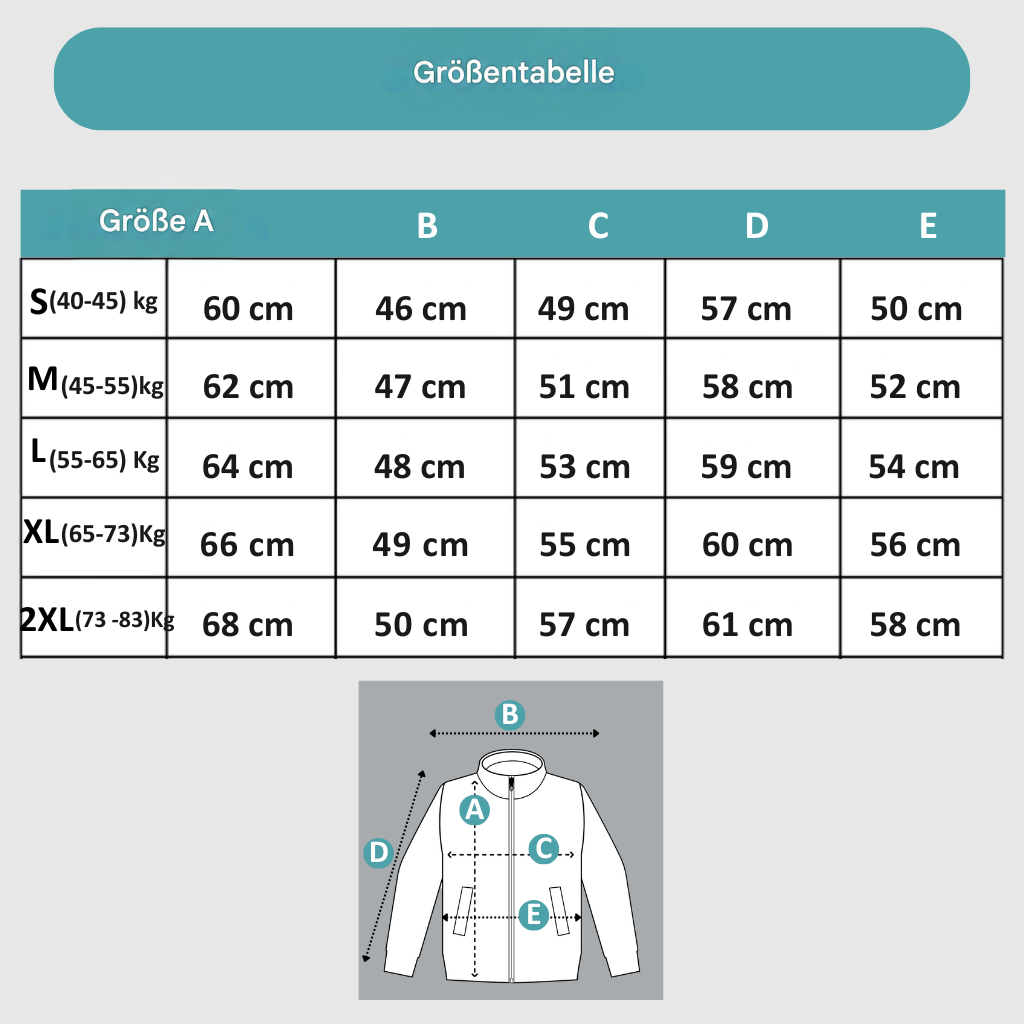 Größentabelle mit Maßen in Zentimetern für die Größen S bis 2XL samt Skizze der Messpunkte 8