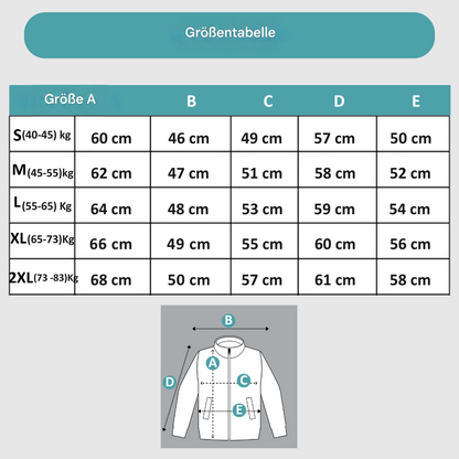Größentabelle mit Maßen in Zentimetern für die Größen S bis 2XL samt Skizze der Messpunkte 8