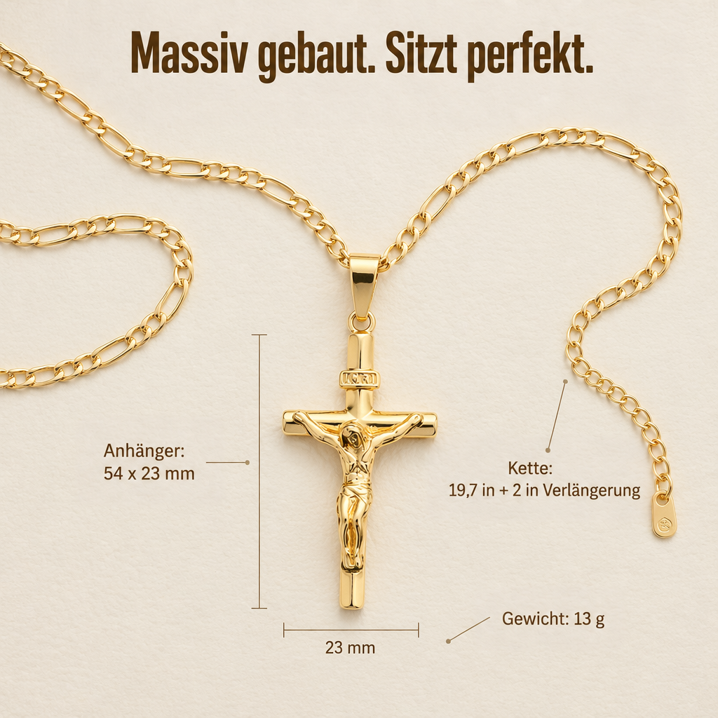 Goldene Kruzifix-Kette mit Figarokette flach ausgelegt, mit eingezeichneten Maßen zu Anhänger, Kettenlänge und Gewicht 6