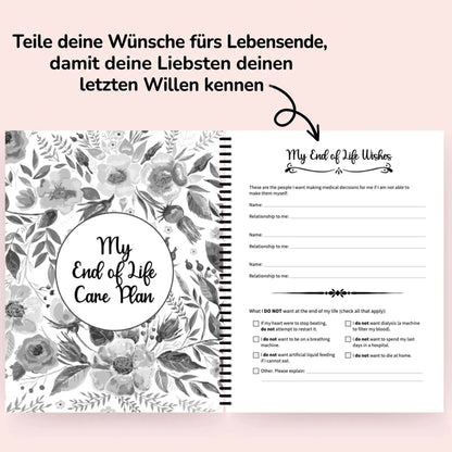Aufgeschlagener Planer mit blumengemustertem Trennblatt und ausfüllbarer Seite zu medizinischen Entscheidungen und Wünschen am Lebensende, mit Pfeil und Hinweis 7