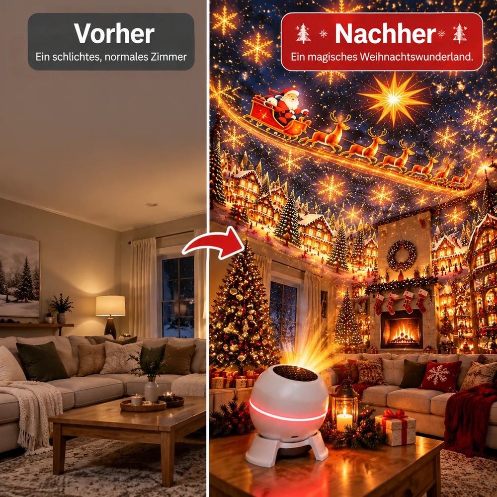 Vorher-Nachher-Vergleich: schlichtes Wohnzimmer links, rechts mit leuchtender Weihnachtsprojektion an Decke und Wänden 3
