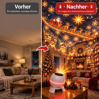 Vorher-Nachher-Vergleich: schlichtes Wohnzimmer links, rechts mit leuchtender Weihnachtsprojektion an Decke und Wänden 3