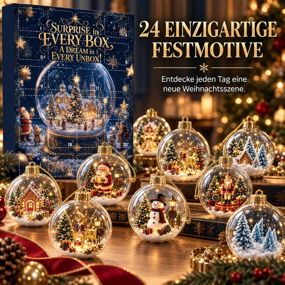 Blauer Adventskalender mit Schneekugel-Motiv, davor acht transparente Kugeln mit Weihnachtsszenen auf einem Tisch 1