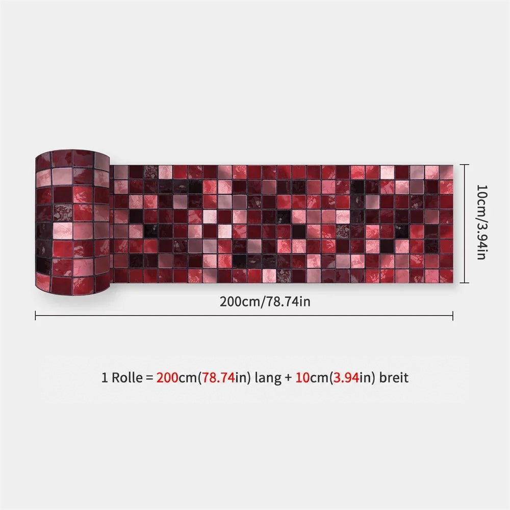Aufgerollter Streifen mit kleinteiligem Mosaik in Rot-, Rosa- und Bordeauxtönen, mit Maßangaben 47