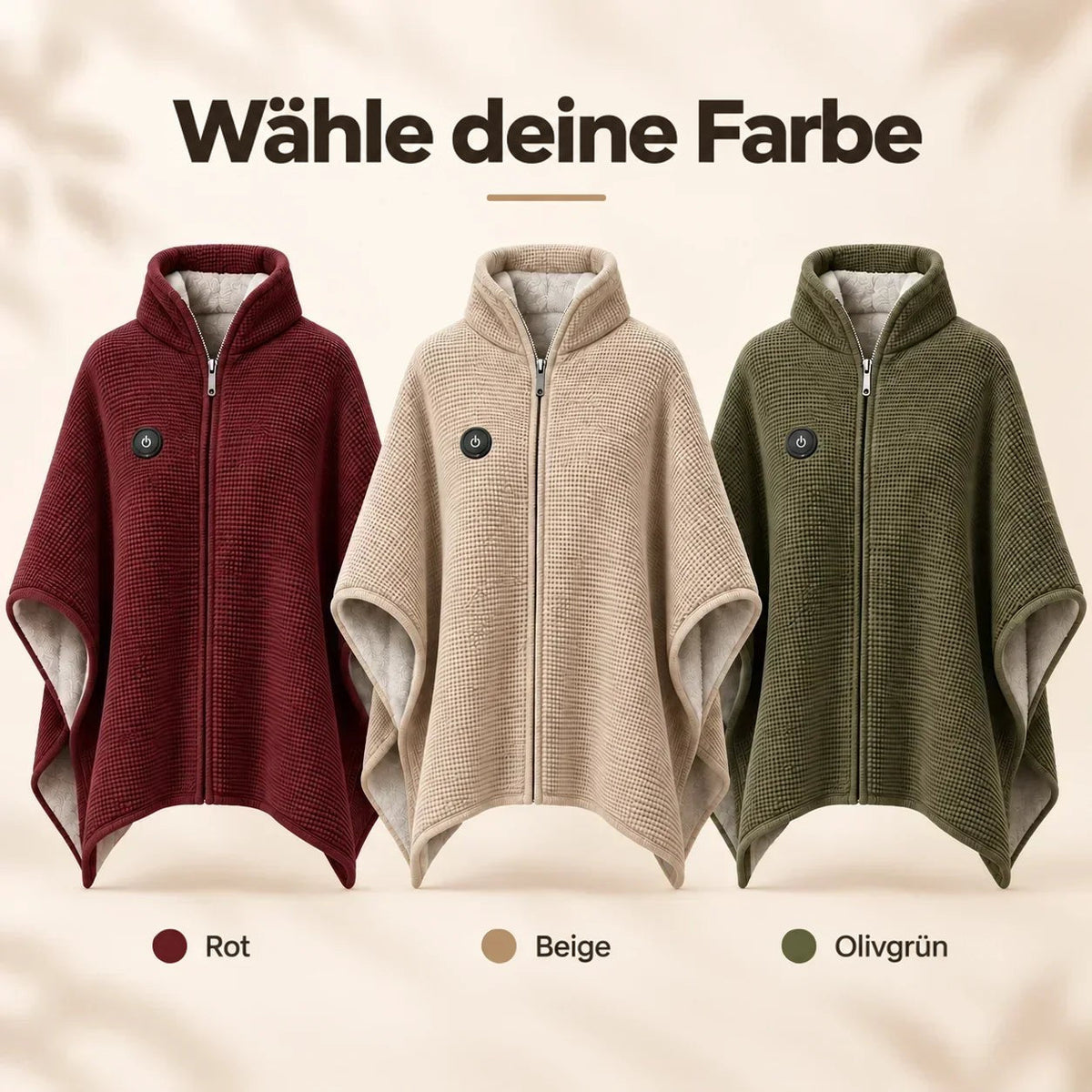 Drei Heizdecken-Ponchos mit Reißverschluss nebeneinander in Rot, Beige und Olivgrün zur Farbauswahl 3