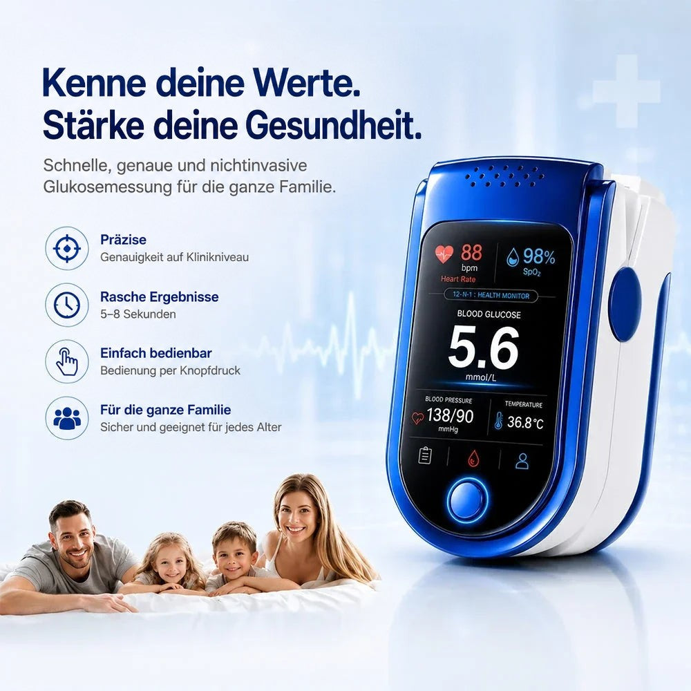 Das Messgerät schräg von vorn neben vier Symbolen mit Kurztexten, darunter ein lächelnder Vater, eine Mutter und zwei Kinder auf einem Bett. 5