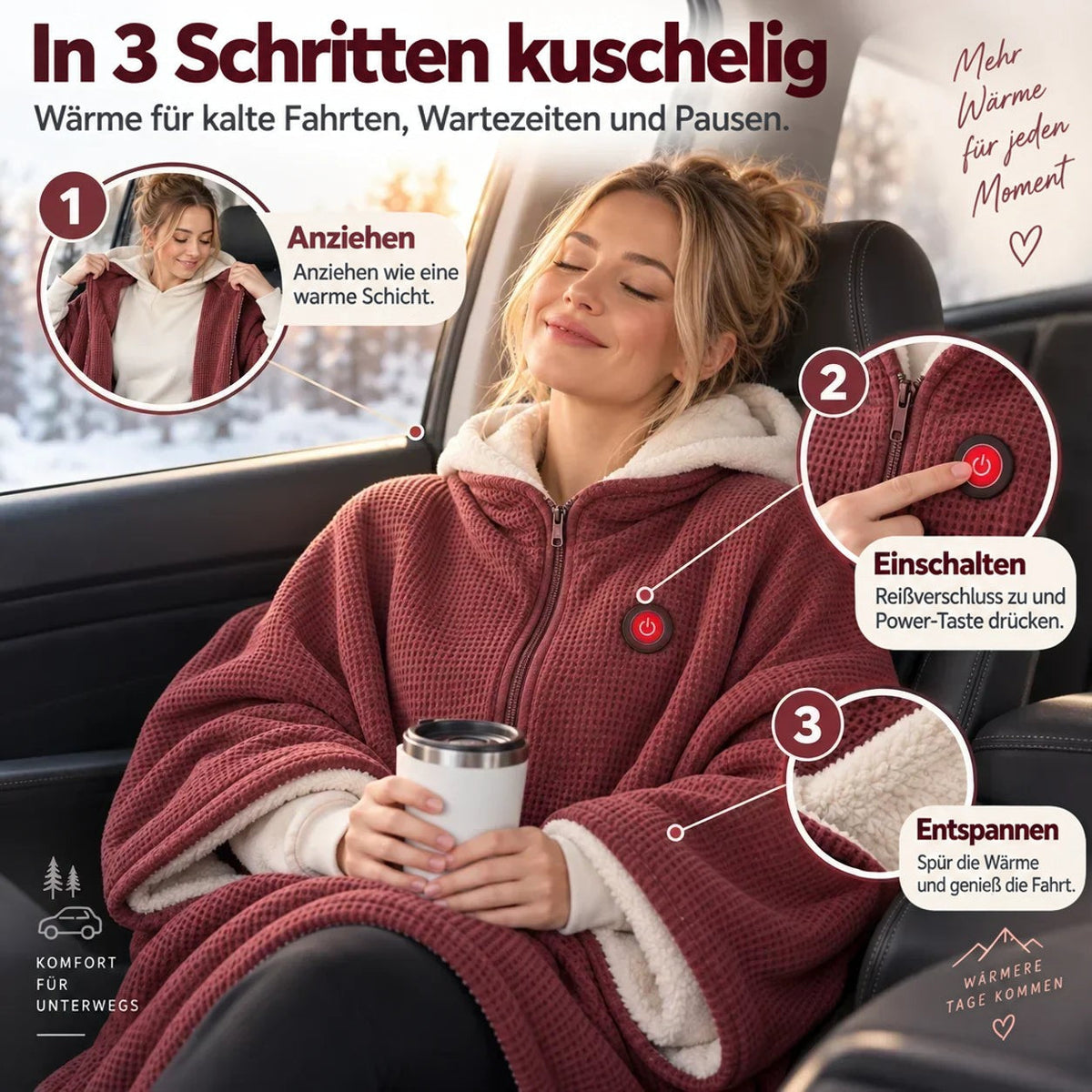 Anleitung in drei Schritten im Auto: anziehen, Einschalttaste am Reißverschluss drücken und entspannen, mit Detailkreisen 5