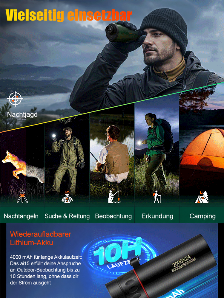 Collage mit Mann beim Beobachten und Einsatzszenen wie Angeln, Wandern und Camping, unten Hinweis auf Akkulaufzeit 3