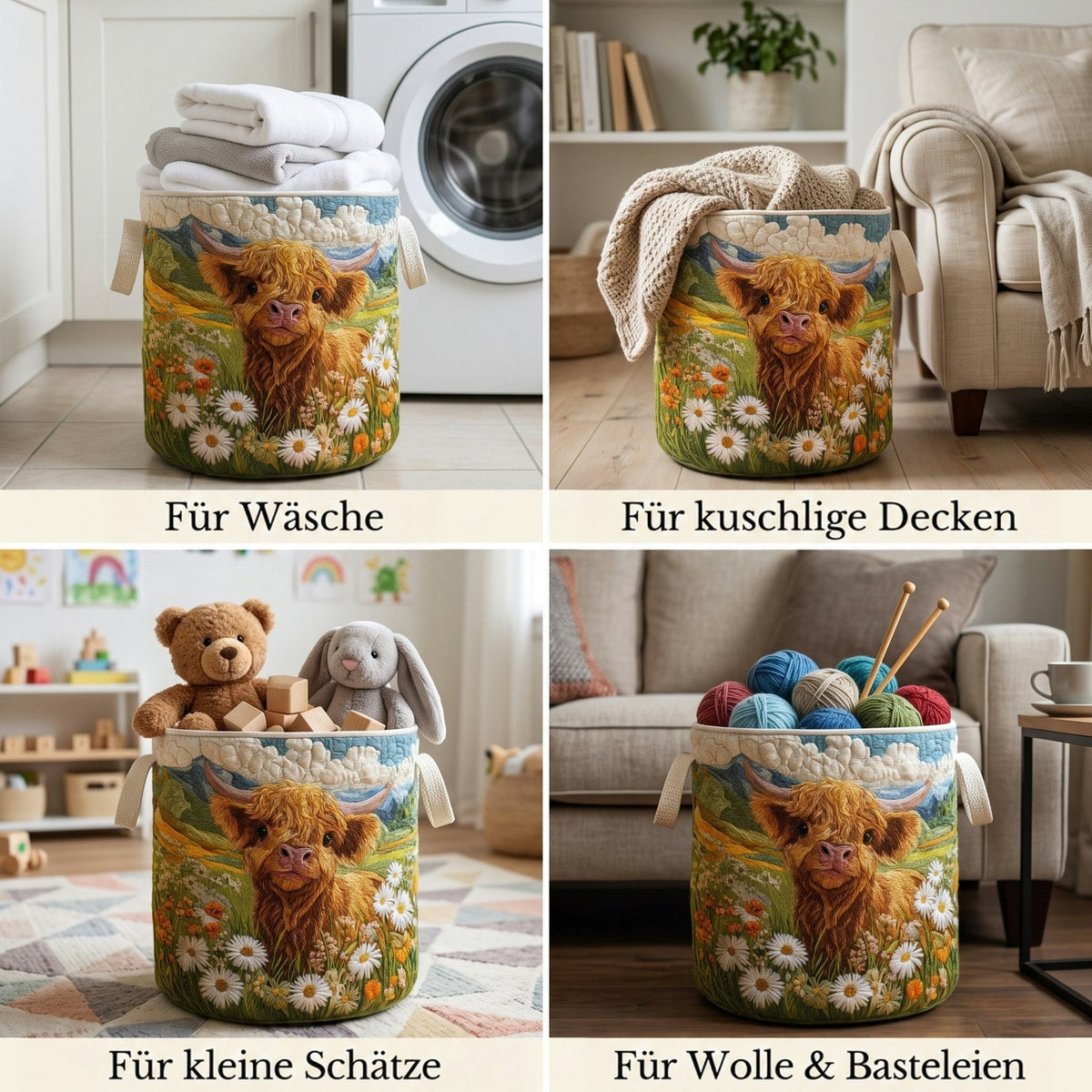 Vier Einsatzbeispiele des Korbs: mit Handtüchern vor der Waschmaschine, mit Decke am Sessel, mit Kuscheltieren und Bauklötzen sowie mit Wollknäueln. 2