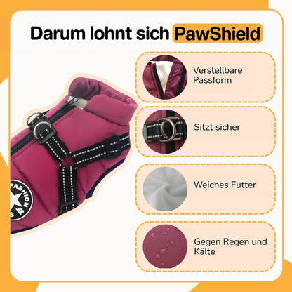 Roter Weinton-Mantel mit Geschirr, daneben vier Detailkreise zu Reißverschluss, Ring, Fleecefutter und wasserabweisendem Stoff. 5