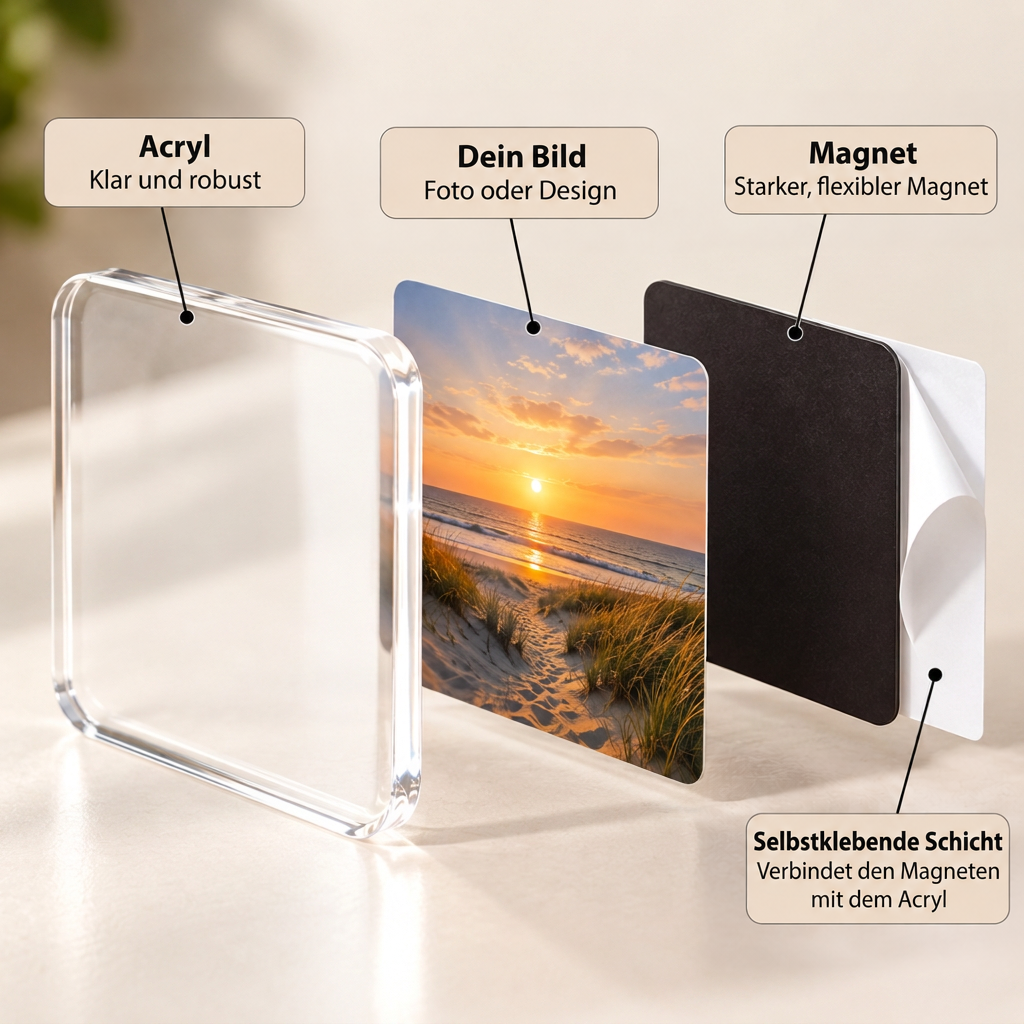 Aufbau eines Fotomagneten in Einzelschichten: klares Acryl, Bildmotiv, schwarzer Magnet und Klebefolie, beschriftet erklärt 3