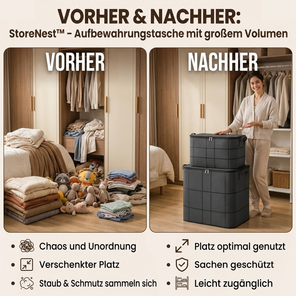 Vorher-Nachher-Vergleich: links unordentlicher Schrankbereich mit Kleidung und Kuscheltieren am Boden, rechts aufgeräumt mit zwei gestapelten dunklen Taschen. 3